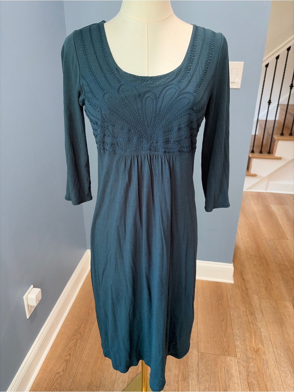 Boden Teal Embroidered Empire Waist Midi Dress 3/4 Sleeve Size 4P